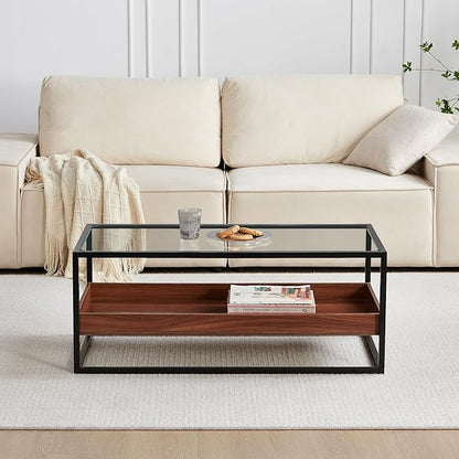 Shrine Glass Coffee Table, Black Walnut Coffee Table for Living Room, Glass and Wood Coffee Table, 39.2" D x 19.5" W x 15.7" H, Clear Glass Top, Walnut Wood Panels&Black Metal Frame