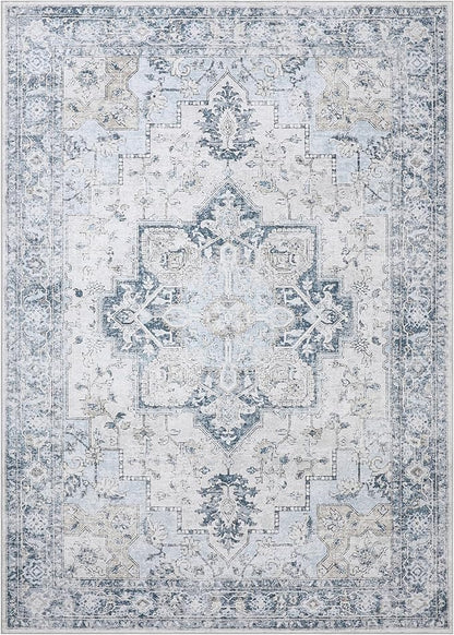 GENIMO 5x8 Area Rugs for Living Room, Machine Washable Low Pile Rugs, Chenille Non Alip Vintage Rug for Bedroom, Dining Room, Home Office, Blue