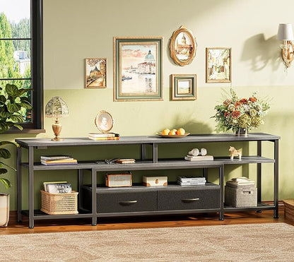Huuger TV Stand for 65 70 Inch TV, Entertainment Center with Power Outlets and LED Lights, TV Console for Living Room, Media Console with Drawers and Shelves, Grey