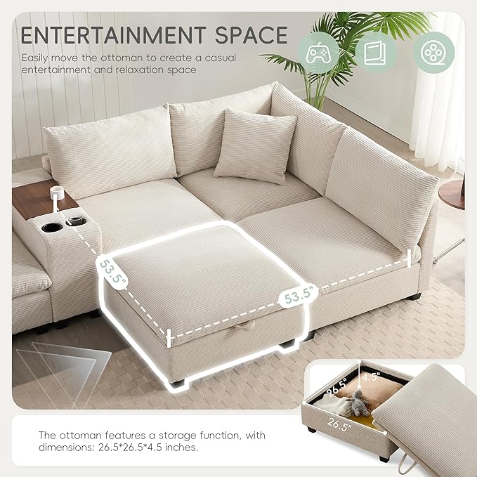 Merax 140'' Oversized Modular Sectional Sofa with Storage Ottoman and Console, Removable Storage Pockets, Cup Holder, Wide Seat, USB Charger, 6 Seat U Shaped Chenille Couch Set for Living Room, Beige
