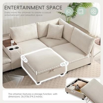 Merax 140'' Oversized Modular Sectional Sofa with Storage Ottoman and Console, Removable Storage Pockets, Cup Holder, Wide Seat, USB Charger, 6 Seat U Shaped Chenille Couch Set for Living Room, Beige