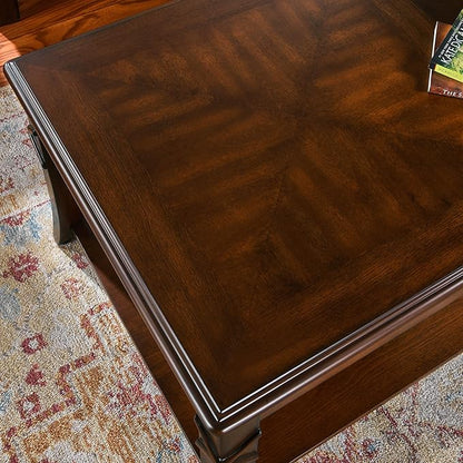 Solid Wood Coffee Table with Storage Shelf, Rectangle Coffee Table for Living Room, Mid-Century Living Room Table with Curved Legs, Large Countertop Cocktail Center Table, Cherry Walnut KFZ-DR200