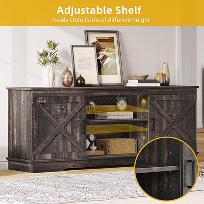 DWVO Farmhouse TV Stands for Living Room, Entertainment Center with Storage, TV Stand for 65 Inch TV with Double Barn Doors & Storage Cabinets, Rustic TV Cabinet Media Console, Dark Oak