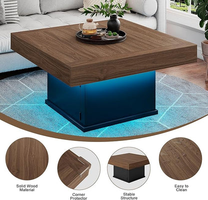 LED Coffee Tables for Living Room, Farmhouse Wood Coffee Table, 33.5" Square Coffee Table with Storage, Large Vintage Brown Center Table, Living Room Tables Cocktail Table (Vintage Brown)
