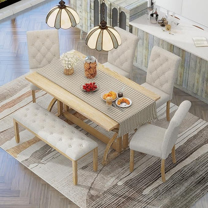 Ball & Cast 6-Piece Dining Table Set, 60" Rectangular Dining Table with 4 Upholstered Chairs & 1 Bench for Dining Room and Kitchen Natural Wood Wash