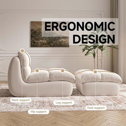 Bean Bag Chair with Ottoman, Cozy Comfy Reading Nook Chairs, Ultra Soft Corduroy Fabric Bean Bag Chairs for Adults, Reading Chair with Ottoman for Living Room, Bedroom Apartment (Beige)