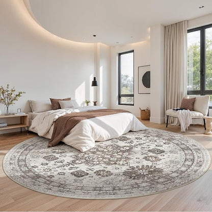 zesthome 9ft Round Rugs for Living Room, Non-Slip Washable Round Area Rugs, Ultra-Thin Large Circle Rugs, Soft Low Pile Rug for Bedroom, Kitchen - Vintage Stain Resistant Round Rug (Brown/Beige,9'x9')