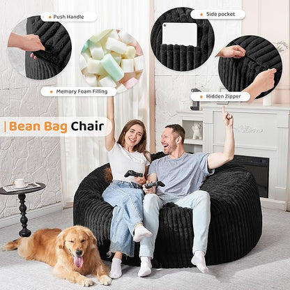 HABUTWAY 5FT Bean Bag Chair, 5' Large Bean Bag Chairs for Adults with Removable Stripe Plush Cover, Memory Foam Beanbag Chair for Living Room Bedroom Dorm (Black)
