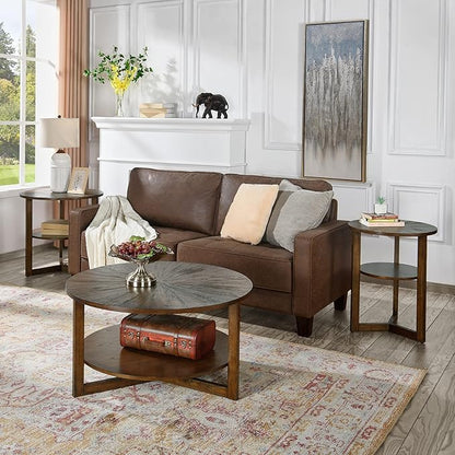 Large Round End Table with Storage Shelf, 25.2" Dia Rustic Beside Tables with Umbrella Top, Traditional Circular Sofa Side Table-,Telephone Table for Living Room Easy Assembly, Vintage Brown CJZ3338NC