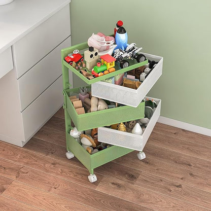 Fruit Basket for Kitchen No Assembly 4-Tier Rotating Storage Rack, Vegetable Storage Cart，Bathroom Shelf,Storage Drawer Cart,Kitchen Organizers and Storage Cart(Green White, 4 Tier-Square)