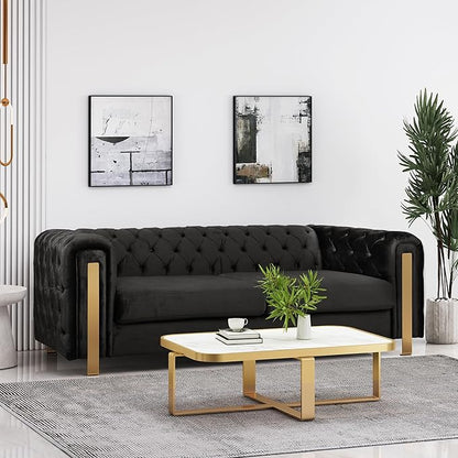 Merax Comfy 3-seat Sofa with Tufted Back and Arm and Gold Iron Legs, Modern Couch for Living Room, Bedroom, Apartment, Office, Black
