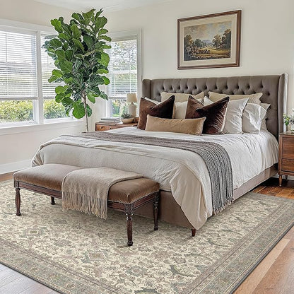 8X10 Area Rugs Machine Washable Rugs for Living Room, Vintage Boho Large Rugs for Bedroom Dining Room, Non Slip Indoor Soft Distressed Lightweight Thin Low Pile Carpet, Cream