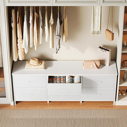 Huuger 63 Inch Long Dresser for Bedroom, Wide TV Stand for 55, 65, 70 Inch TV, 6 Drawer Dresser for Closet with Fabric Drawers, Storage Organizer for Bedroom, Entryway, PU Leather, White