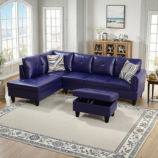 NicBex Sectional Couch 3 Pieces Sofa Set with Right Chaise Faux Leather L Shaped Cloud Couch for Living Room Furniture Sets with Storage Ottoman, Modular Sofa for Living Room & Apartment, Indigo