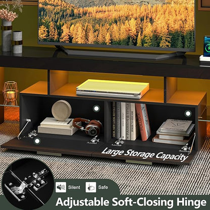 Clikuutory Modern LED Black 67 inch TV Stand with Power Outlet and Large Storage for 40 50 55 60 65 70 75 Inch TVs, Wood TV Console with High Glossy Entertainment Center for Living Room, Bedroom