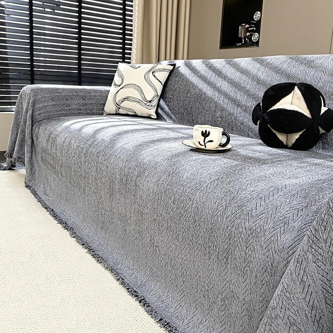 Nobildonna Sofa Cover Washable Soft Thicken Chenille Couch Cover with Tassel,Waterproof Sofa Slipcover for 3-4 Cushion Couch,Sectional Sofa,L-Shaped Furniture Protector Pet-Friendly,Dark Gray 71x150