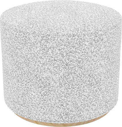 Bouclé Ottoman with Wooden Base – 22” Round Upholstered Footrest, Cream Bouclé with Gray Yarns, Modern Accent Stool for Living Room & Bedroom