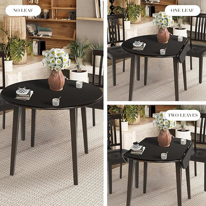 COLAMY 5-Piece Extendable Dining Table Set for 4, 36" Kitchen Round Wood Table with 4 Wooden Dining Room Chairs,Dark Brown/Green