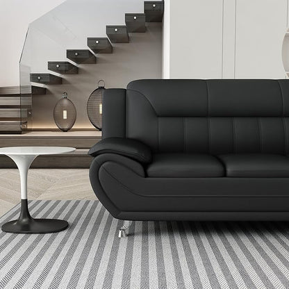 Container Furniture Direct Michael Modern Faux Leather Upholstered Stainless Steel Legs Living Room Sofa, Midnight Black