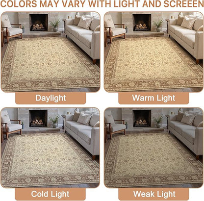 8X10 Area Rugs Machine Washable Rugs for Living Room, Vintage Boho Large Rugs for Bedroom Dining Room, Non Slip Indoor Soft Distressed Lightweight Thin Low Pile Carpet, Light Brown