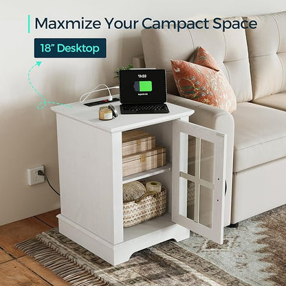 LINSY HOME End Table with Charging Station, Modern Side Table with Storage Cabinet and Adjustable Shelf, Small Sofa Table for Living Room, White