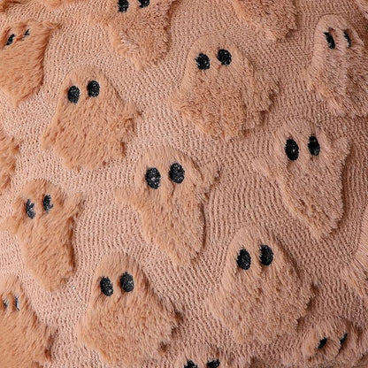4TH Emotion Halloween Ghost Decorative Pillow Covers 18x18 Set of 2, Light Brown Soft Plush Faux Fur Farmhouse Throw Cushion Cases for Fall Autumn Holiday Home Decorations