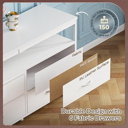 Huuger 63 Inch TV Stand for 55, 65, 70 Inch TV, Long Dresser TV Stand for Bedroom, White LED TV Stand with Power Outlets, Fabric Drawer Dresser with Storage, Entertainment Center for Living Room