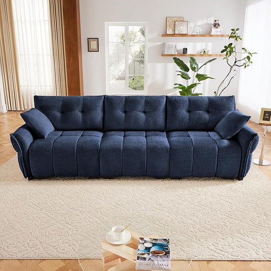 Modern Chenille Fabric 3-Seat Sofa w/ 2 Pillows, Premium Upholstery Living Room Couch with Tufted Backrest & Comfortable Armrests and High-Resilience Memory Foam Cushions,Blue