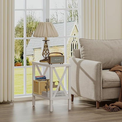 Narrow End Table, Large Sofa Side Table, Farmhouse Nightstand with Storage Shelve, Slim Bedside Table for Living, Room Bedroom, Lounge White MLBZ17W