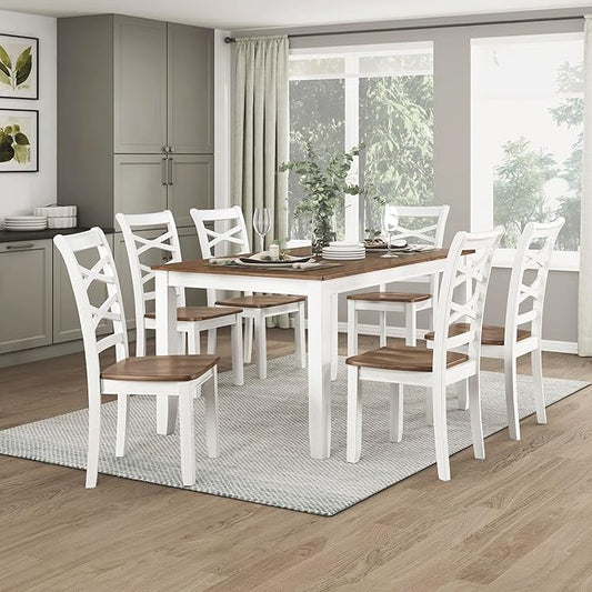 Lexicon Dining Table Set for 6 with Chairs, Solid Wood 7 Piece Farmhouse Dining Room Table and Chairs Set of 6, Cross Back, Easy Assembly Seater for Indoor Home, Dinner, Kitchen, Cherry/White