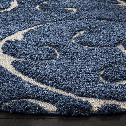 SAFAVIEH Florida Shag Collection Area Rug - 6'7" Round, Dark Blue & Cream, Scroll Design, Non-Shedding & Easy Care, 1.2-inch Thick Ideal for High Traffic Areas in Living Room, Bedroom (SG455-6511)