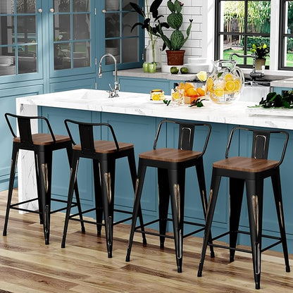 WENTMENT Bar Stools Set of 4 Counter Height Bar Stools Metal Barstools with Removable Back 26" Kitchen Bar Stools with Wooden Seat, Distressed Black