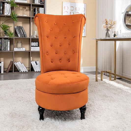 Container Furniture Direct Royal High-Back Velvet Accent Chair for Vanity with Storage and Luxurious Upholstery, Retro Design and Versatile Usage for Livingroom, Bedroom, Lounge and Office, Red Orange