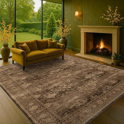 Boho Taupe Brown Living Room Rug 8x10 - Modern Vintage Traditional Eclectic Oriental Neutral, Washable Low Pile Non-Slip Extra Large Area Rugs for Dining Under Table Bedroom Lounge