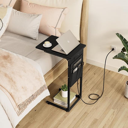 Vagusicc C Shaped End Table with Charging Station, Small Side Table for Couch, Couch Side Tables Recliner Desk, Slide Under Sofa Table TV Tray Arm C Tables for Living Room, Bedroom, Bedside, Black