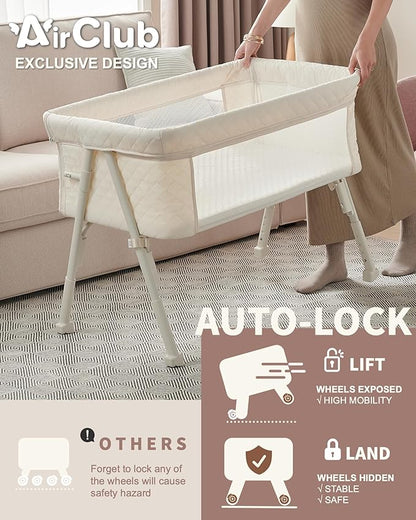 AirClub Bassinet Bedside Sleeper, Baby Crib for Newborn, Baby Bassinets Bedside Sleeper with 4 Auto-Lock & Adjustable Height, Breathable Mesh & Mattress, Bedside Bassinet