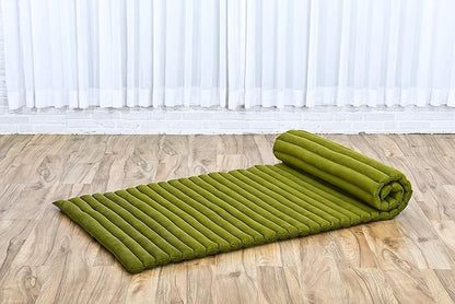 Leewadee - Foldable Floor Mattress - Japanese Roll Up Futon -Trifold Tatami Mat- Guest Floor Bed - Camping Mattress - Thai Massage Mat, Kapok Filled, 75 x 28 inches, Green