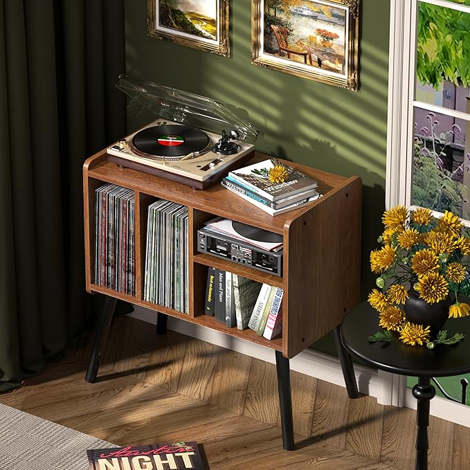Record Player Table, Mid-Century Record Player Stand with Vinyl Storage Hold Up to 150+ Albums, Vinyl Record Cabinet with Adjustable Shelves, Wood Turntable Stand for Music Living Room (Oak)