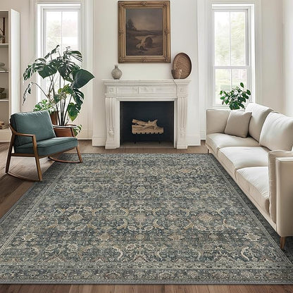 10X14 Area Rugs Machine Washable Rugs for Living Room, Vintage Boho Large Rugs for Bedroom Dining Room, Non Slip Indoor Soft Distressed Lightweight Thin Low Pile Carpet, Deep