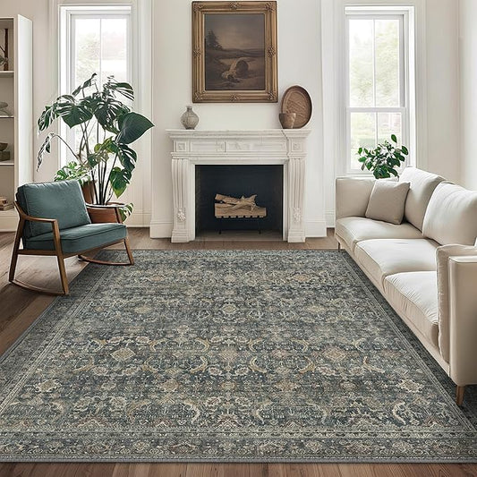 6X9 Area Rugs Machine Washable Rugs for Living Room, Vintage Boho Large Rugs for Bedroom Dining Room, Non Slip Indoor Soft Distressed Lightweight Thin Low Pile Carpet, Deep