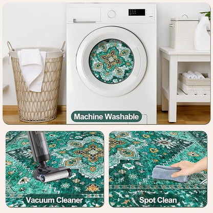 Tangsoo 5x7 Area Rug Washable Rugs for Living Room, Vintage Indoor Non Slip Large Area Rugs, Print Distressed Emerald Carpet, Soft Low Pile Foldable Floor for Bedroom Dining Room Dorm