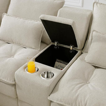 130" U-Shaped Sectional Sofa with Storage Console & Cup Holders, Upholstered 6 Seat Living Room Sleeper Couch Furniture Set w/Chaise, Cloud Cushion Couch for Home, Office, Apartment,Beige