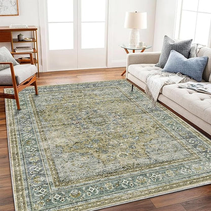 Washable Area Rug 4'x6' Traditional Floor Cover Foldable Thin Rugs Retro Kitchen Indoor Distressed Non Slip Carpet Floral Print Mat Bedroom Living Room