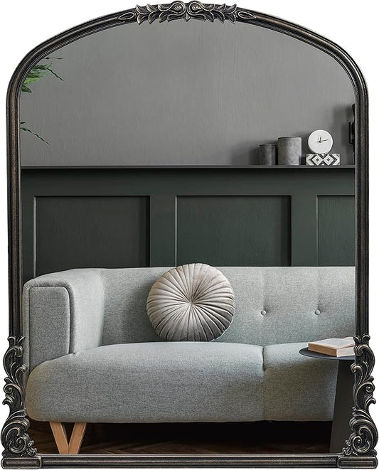 English Estate Carved Arch Wood Wall Mirror, Mirror for Entryway, Living Room, Bathroom, Antique Black, 28.4x35