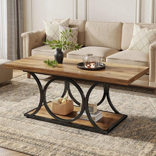 Tribesigns Rectangle Coffee Table, 47.24-inch Rustic Coffee Tables for Living Room, 2-Tier Farmhouse Wooden Coffee Table with Geometric Metal Legs, Home Furniture with Storage Shelf (Brown & Black)