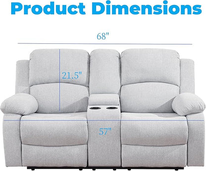 Loveseat Recliner Sofa, Reclining Loveseat Couch with Storage Console, Modern Comfy Home Theater Seating Power Recliner Chair with Cup Holders for Living Room Furniture Sets, Grey White