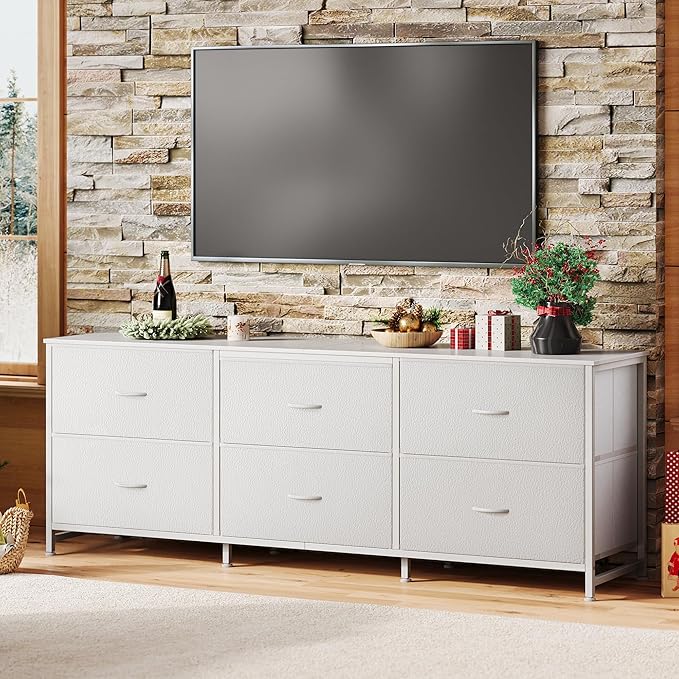Huuger 63 Inch Long Dresser for Bedroom, Wide TV Stand for 55, 65, 70 Inch TV, 6 Drawer Dresser for Closet with Fabric Drawers, Storage Organizer for Bedroom, Entryway, PU Leather, White
