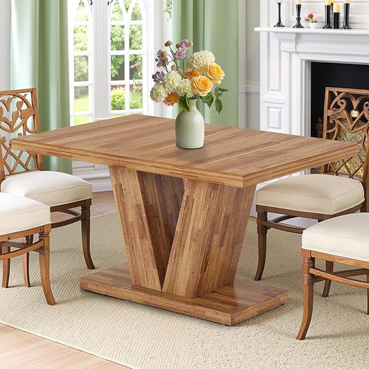 Dining Table for 4-6, 47" Farmhouse Dinner Table with with Wooden Tabletop and Heavy Duty Pedestal Wooden Rectangular Kitchen Tables for Dining Room, Kitchen, Living Room, Walnut Brown