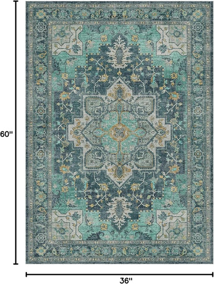 GENIMO 3x5 Area Rugs for Living Room, Machine Washable Non Slip Vintage Rugs, Low Pile Lightweight Chenille Print Rug for Bedroom, Dining Room, Home Office, Dark Green
