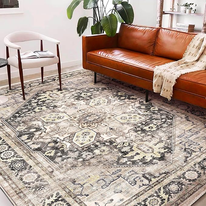 Washable Area Rug 9'x12' Black-Purple Khaki Retro Flowers Boho Design Non-Shedding Easy Care Ideal for High Traffic Areas in Living Room Bedroom Office Coffee Table Kitchen Large Carpet